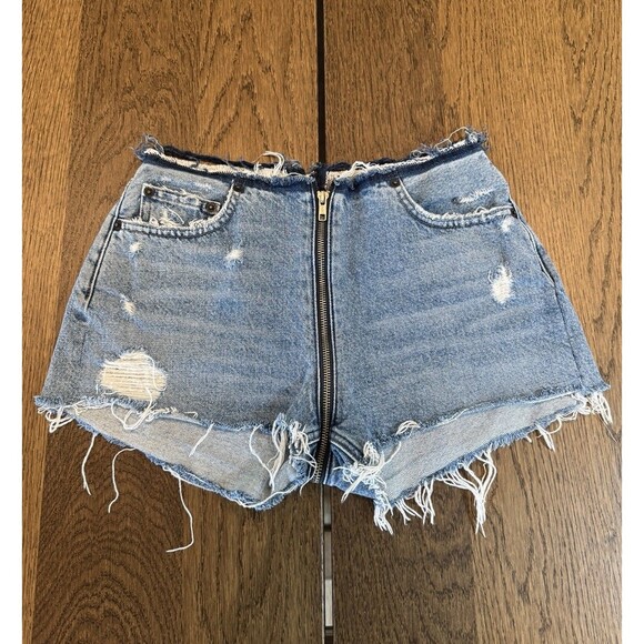 Reformation Distressed Denim Zipper Shorts Women’s Size 26 Savu Blue Pockets - Picture 1 of 10